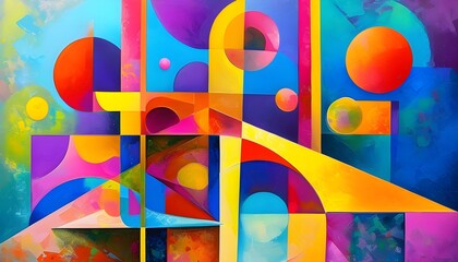 Wall Mural - Dynamic Fusion of Colorful Geometric Forms: A Metaphorical Journey through Structure and Creativity in Abstract Oil Painting