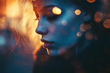 Poster - Woman's Face Profile, Blurry Bokeh Lights, Abstract Portrait