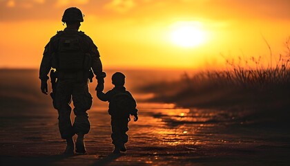 Emotional silhouette of soldier and son united in a heartfelt moment at sunset