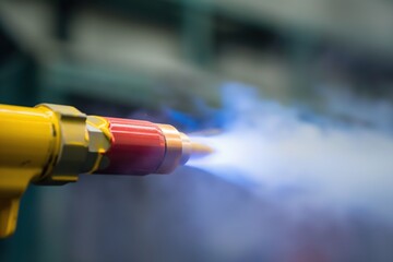 Close-up of yellow and red powder coating gun in action. Spray gun emits blue smoke, factory or industrial setting. Blurred background highlights gun in focus.