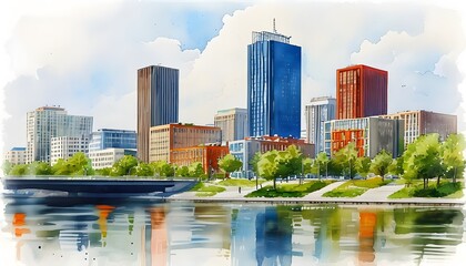 Wall Mural - Vibrant watercolor cityscape showcasing modern urban buildings and the hustle of city life