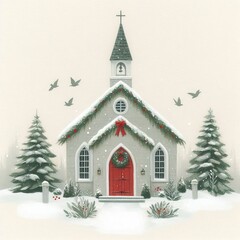 Minimalist gouache illustration of a cozy winter church with greenery, a Christmas wreath, red door, snowy scene, 2 pine trees, birds flying