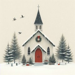 Minimalist gouache illustration of a cozy winter church with greenery, a Christmas wreath, red door, snowy scene, 2 pine trees, birds flying