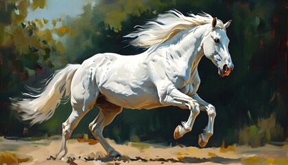 Wall Mural - Majestic White Horse in Oil Painting Style Capturing Freedom and the Beauty of Wild Animals, Ideal for Equestrian Enthusiasts and Art Collectors