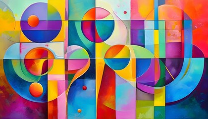 Wall Mural - Dynamic Fusion of Colorful Geometric Forms: A Metaphorical Journey through Structure and Creativity in Abstract Oil Painting