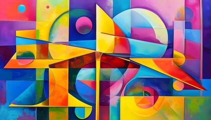 Wall Mural - Dynamic Fusion of Colorful Geometric Forms: A Metaphorical Journey through Structure and Creativity in Abstract Oil Painting