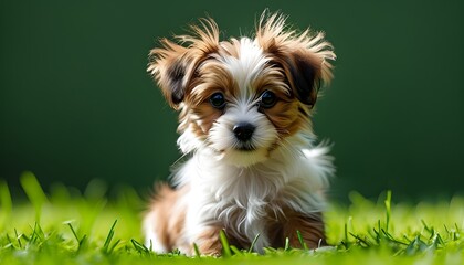 Wall Mural - Adorable puppy sitting on lush green grass, gazing directly at the camera against a clean white background