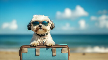 Dog Wearing Sunglasses on a Suitcase on the Beach Photo