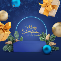 Sticker - Stylish Christmas greeting card design with festive balls, gift boxes, snowflakes and podium with fir tree branches on blue background