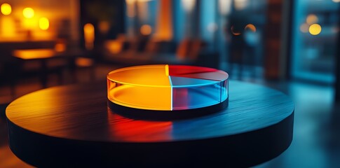 Poster - A glowing pie chart, divided into four sections of yellow, red, blue, and white, sits on a wooden table in a modern office.