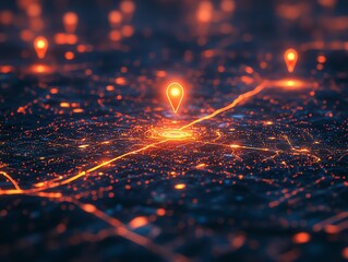 Fototapete - A glowing pin on a city map with orange lines showing connectivity.