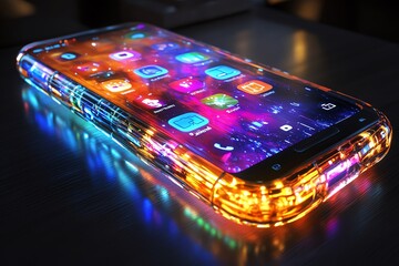 Poster - A glowing smartphone with a transparent case showcasing a colorful display with app icons.