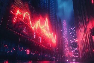 Leinwandbilder - A glowing red stock market ticker on a building in a city street at night.