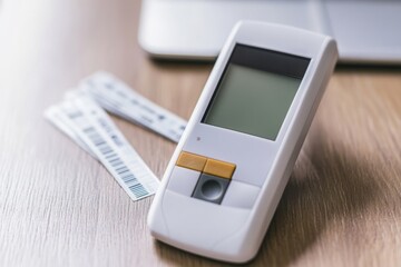 A glucose meter and test strips positioned on a clean surface, illuminated by soft light, set against a health clinic background. The arrangement offers ample copy space, making it ideal for conveying