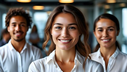 Empowered woman leads diverse team in modern office, celebrating camaraderie and teamwork with confident smiles