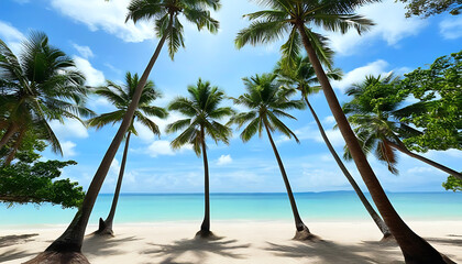 Beach beauty, coconut trees and blue sky form a fascinating contrast