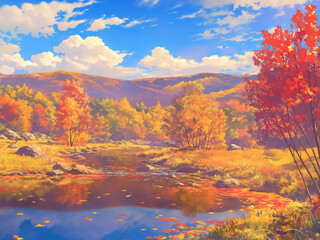 Scenery of the river. Styled like an anime or game background. Blue sky, sunset, sunrise, night, fog, snow, rain, cloudiness, autumn leaves, etc.