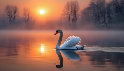 Wall Mural - Ethereal sunrise over a misty lake with a graceful swan gliding through serene waters