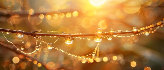 dew drops on spider web in morning light.
