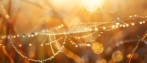 Dew drops on spider web in morning light.