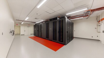 Wall Mural - A modern data center featuring rows of server racks in a clean, spacious environment.