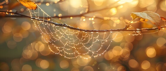 Dew drops on spider web in morning light.