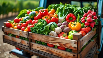 Wall Mural - Fresh vegetable bounty packed in wooden crates for delivery, showcasing a vibrant harvest ready for market distribution.