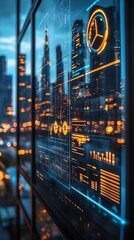 Leinwandbilder - A large digital display with glowing yellow and blue lines and graphics, showing charts, data and a clock. The display is in an office building with a city view in the background.