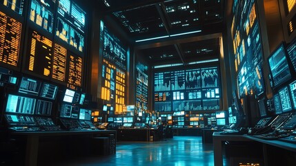 Leinwandbilder - A large, futuristic server room with rows of monitors displaying data and graphs in blue and orange.