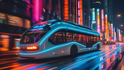 Wall Mural - Neon Trails of Futuristic Buses Racing Through Vibrant City Streets at Night