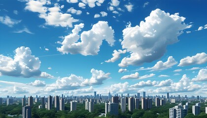 Wall Mural - serene cityscape featuring high-rise buildings under a calming sky with scattered clouds and expansive urban sprawl