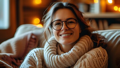 Wall Mural - Joyful woman in glasses relaxes on cozy couch, glowing with comfort and contentment in warmly lit room