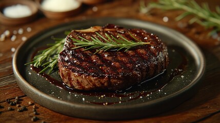 Juicy Grilled Steak on Rustic Plate with Fresh Herbs