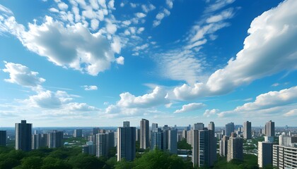 Wall Mural - serene cityscape featuring high-rise buildings under a calming sky with scattered clouds and expansive urban sprawl