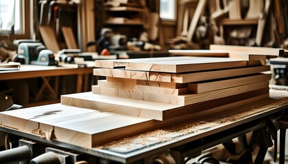 Wall Mural - Neatly Cut Wooden Panels on a Cluttered Workbench Showcasing Precision and Craftsmanship in Woodworking Tools