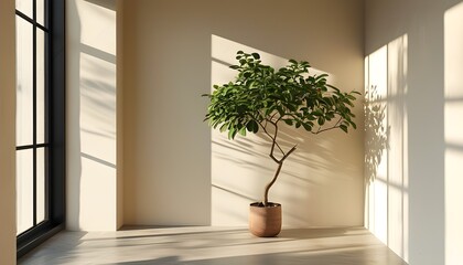 Wall Mural - Sunlit shadows of a potted plant dance on a minimalist cream wall through a softly illuminated window