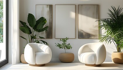 Wall Mural - Stylish modern lounge featuring chic white chairs, a large potted plant, and minimalist canvases, bathed in natural light for an inviting atmosphere