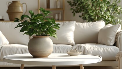 Wall Mural - Bright and airy living room filled with natural light, adorned with a vibrant plant on a white coffee table and elegant neutral-toned furnishings