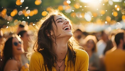 Canvas Print - Joyful moments of laughter at a sunny outdoor gathering with a young woman in a yellow shirt