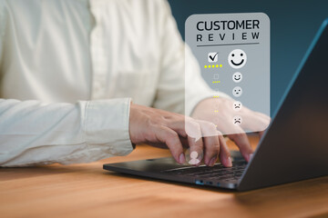 Fototapete - Male customer engage in a satisfaction survey, using an online application to rate their service experiences. This evaluation helps determine the quality of service and business reputation rating.