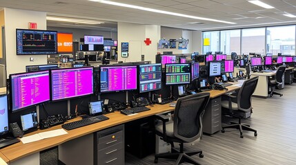 Aufkleber - A modern office space with rows of desks and computer monitors displaying stock market data. The desks are equipped with keyboards, phones, and other office supplies.