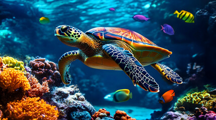 Sea Turtle Swimming in Coral Reef - Realistic Image