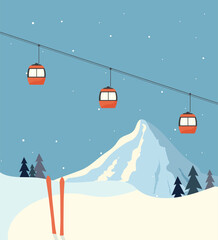 snowy mountains and forests, ski slopes and lifts, people skiing, snowboarding or sledding, skating, houses in the mountains, cozy ski resorts, tourists in winter equipment, winter sports attributes