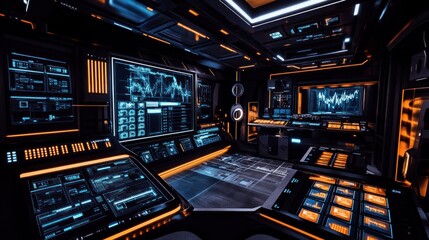 Futuristic control room with advanced technology and glowing interfaces.