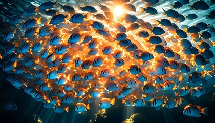 Wall Mural - Synchronized School of Fish Swimming Under Shimmering Sunlight in a Vibrant Underwater Scene