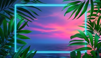 Wall Mural - Vibrant Tropical Fantasy with Neon Leaf Frames and Glowing Sunset, Featuring Exotic Monstera and Elegant Foliage in a Nighttime Nature Scene