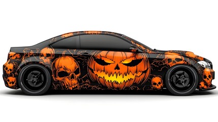 Halloween Car Wrap Mockup with Pumpkin and Skull Designs on Dark Vehicle