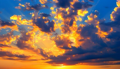 Wall Mural - Majestic sunset clouds bathed in golden sunlight, capturing natures serene beauty and vibrant sky, ideal for inspiration and creative projects