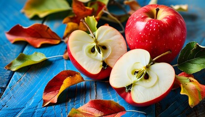 Wall Mural - Rustic Display of Fresh Red Apples and Sliced Halves Surrounded by Leaves on a Blue Wooden Background for an Autumn Harvest Vibe