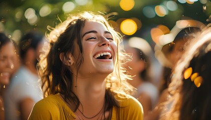 Canvas Print - Joyful moments of laughter at a sunny outdoor gathering with a young woman in a yellow shirt